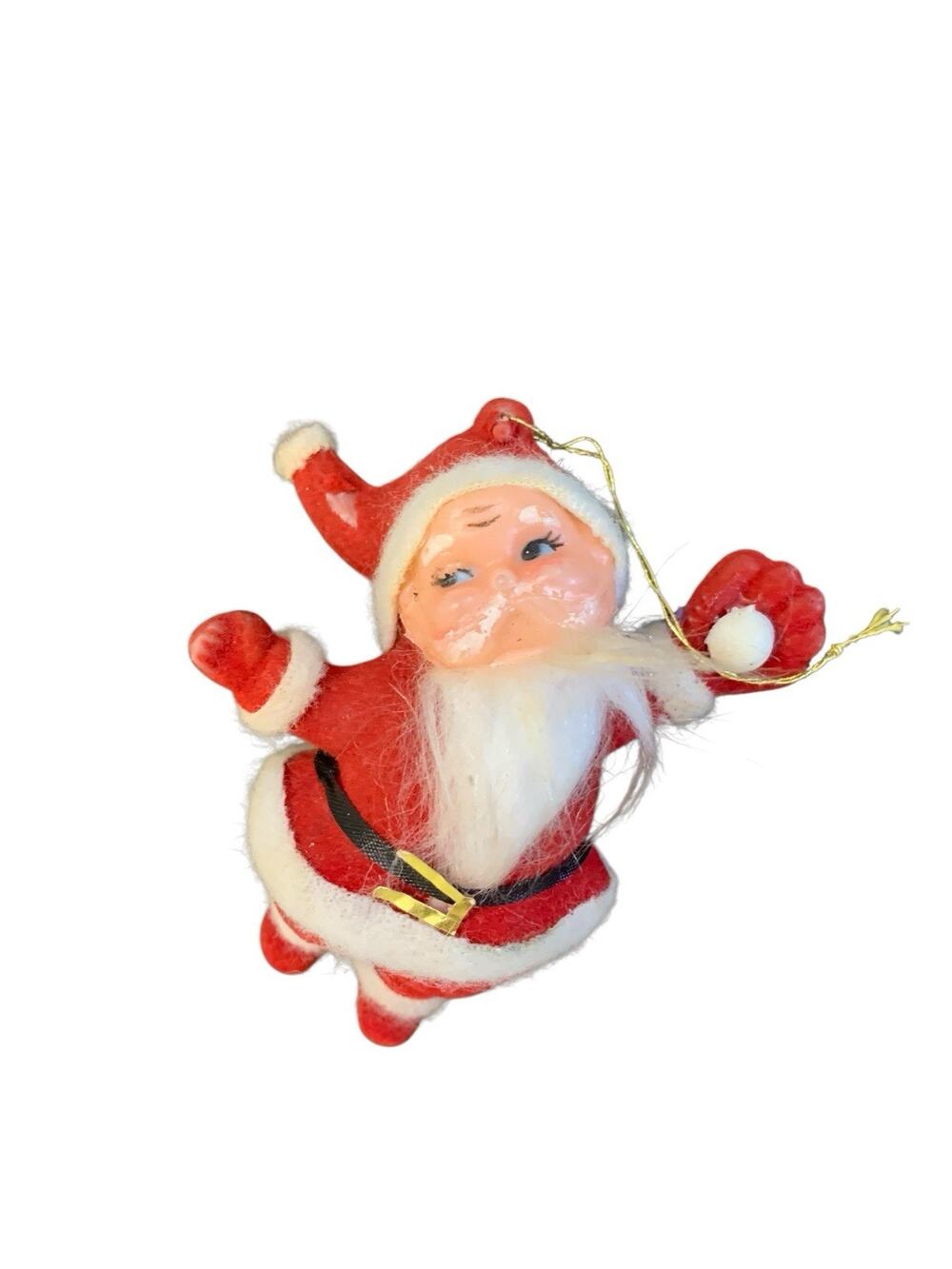Vintage Flocked Santa Baseball Glove Ornament Christmas Hong Kong Red Felt